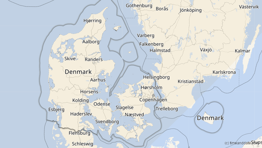 A map of Denmark, showing the path of the Jun 12, 2029 Partial Solar Eclipse