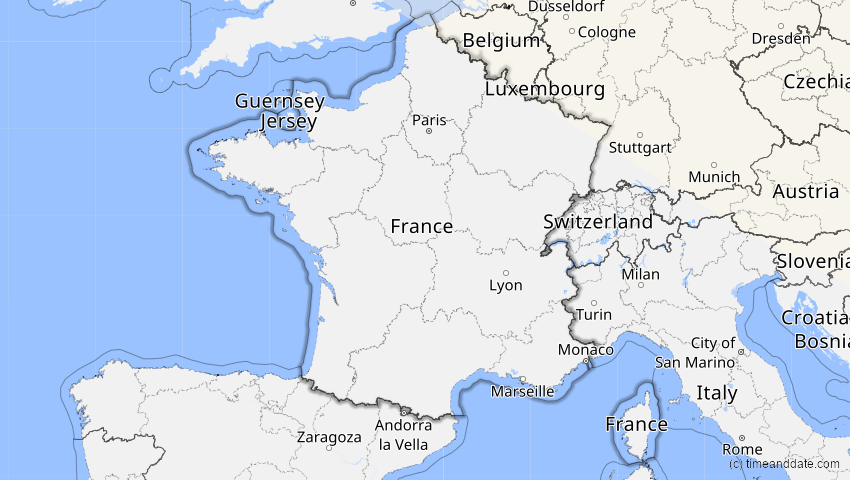 A map of France, showing the path of the Jun 12, 2029 Partial Solar Eclipse