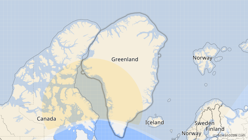 A map of Grönland, showing the path of the 12. Jun 2029 Partielle Sonnenfinsternis