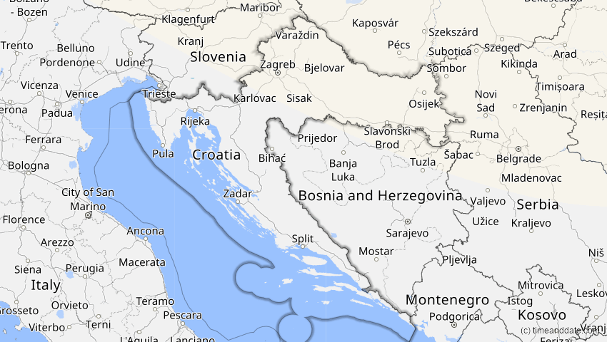 A map of Croatia, showing the path of the Jun 12, 2029 Partial Solar Eclipse