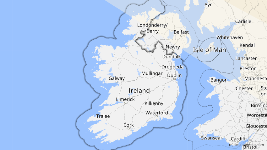 A map of Irland, showing the path of the 12. Jun 2029 Partielle Sonnenfinsternis