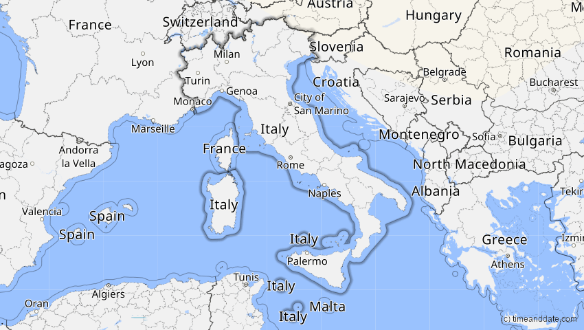 A map of Italien, showing the path of the 12. Jun 2029 Partielle Sonnenfinsternis