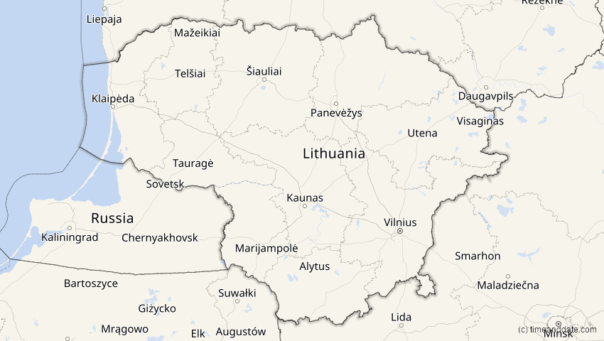 A map of Lithuania, showing the path of the Jun 12, 2029 Partial Solar Eclipse