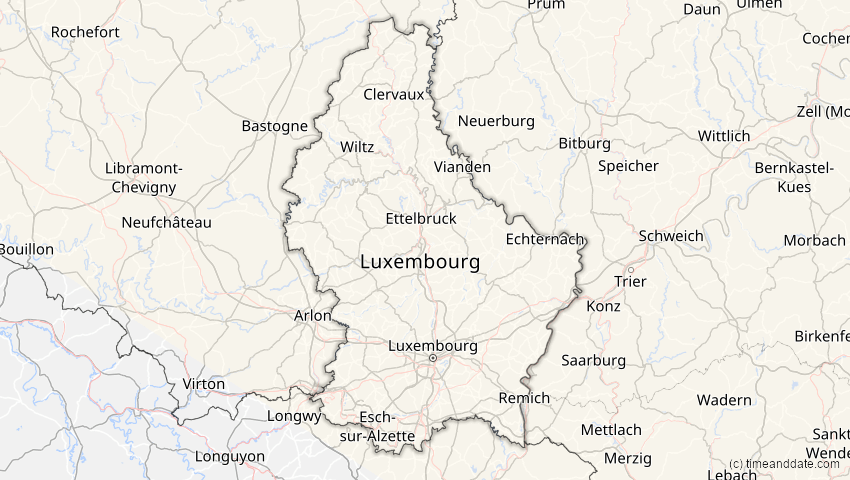 A map of Luxemburg, showing the path of the 12. Jun 2029 Partielle Sonnenfinsternis