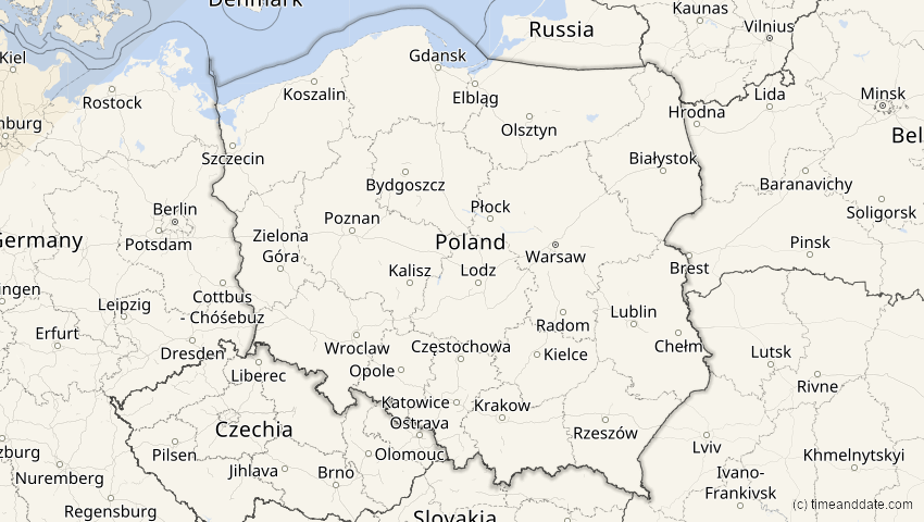 A map of Polen, showing the path of the 12. Jun 2029 Partielle Sonnenfinsternis