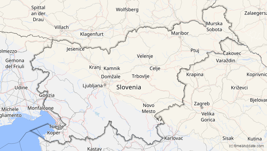 A map of Slovenia, showing the path of the Jun 12, 2029 Partial Solar Eclipse