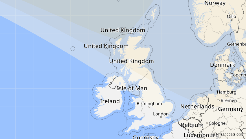A map of United Kingdom, showing the path of the Jun 12, 2029 Partial Solar Eclipse