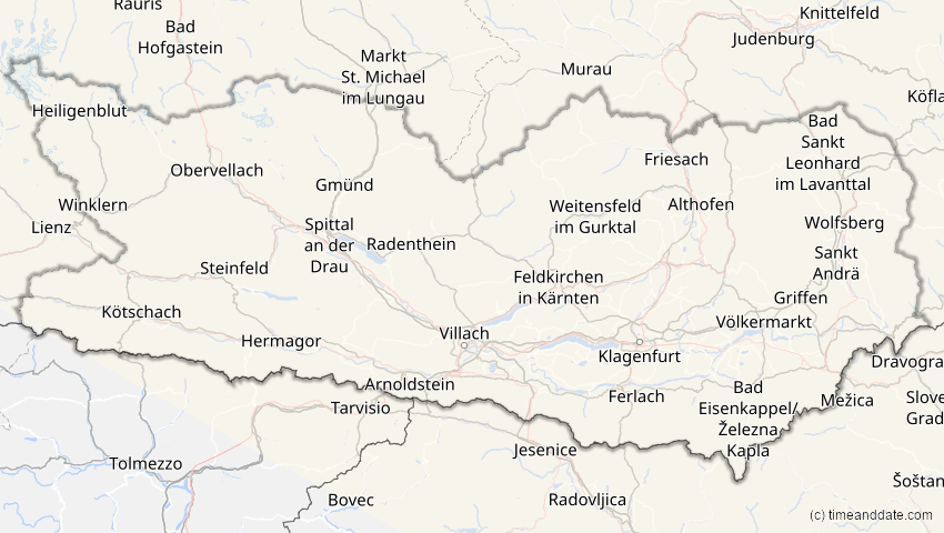 A map of Kärnten, Österreich, showing the path of the 12. Jun 2029 Partielle Sonnenfinsternis
