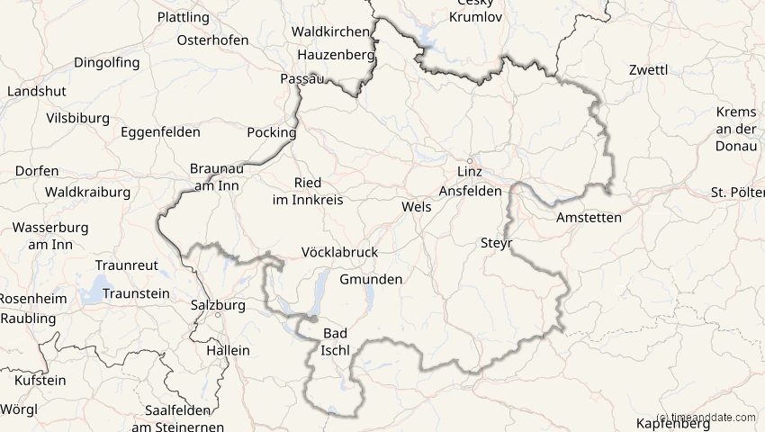 A map of Oberösterreich, Österreich, showing the path of the 12. Jun 2029 Partielle Sonnenfinsternis