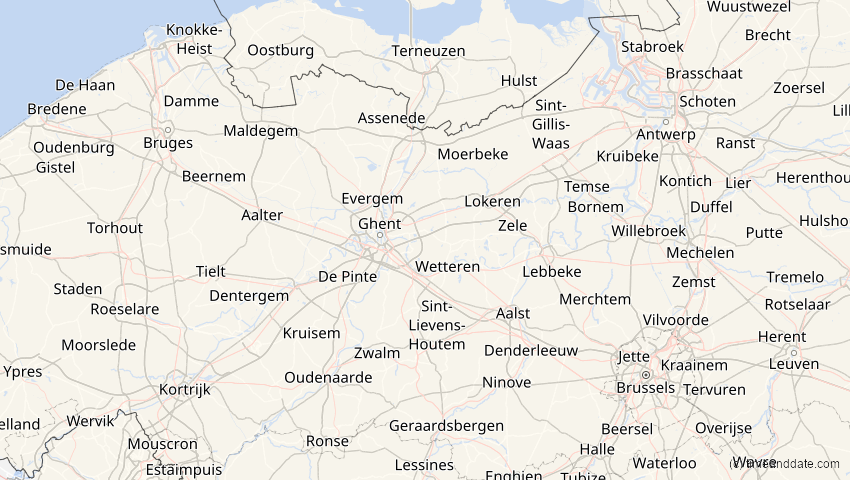 A map of Ostflandern, Belgien, showing the path of the 12. Jun 2029 Partielle Sonnenfinsternis
