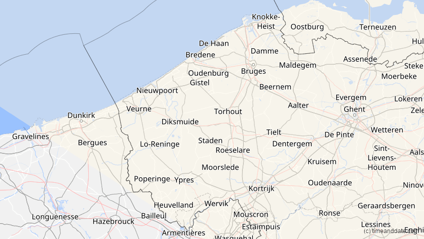 A map of West Flanders, Belgium, showing the path of the Jun 12, 2029 Partial Solar Eclipse