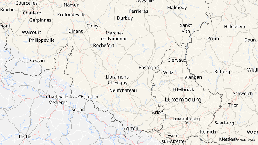 A map of Luxembourg, Belgium, showing the path of the Jun 12, 2029 Partial Solar Eclipse