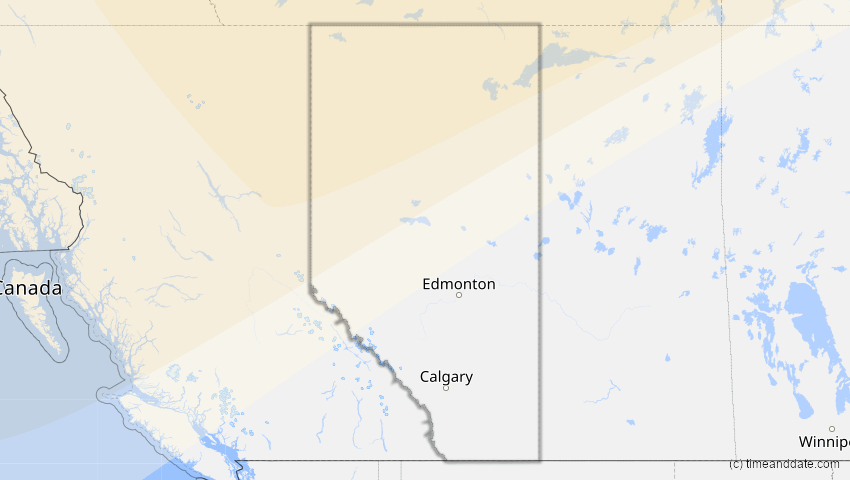 A map of Alberta, Canada, showing the path of the Jun 11, 2029 Partial Solar Eclipse