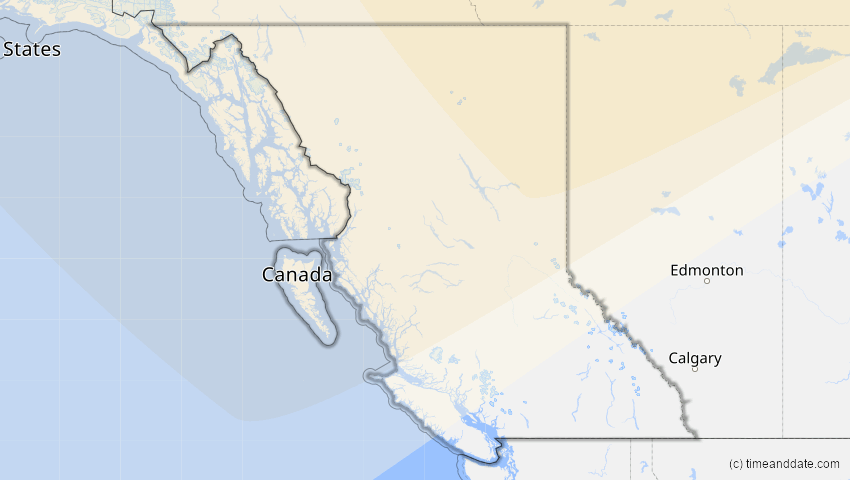 A map of British Columbia, Kanada, showing the path of the 11. Jun 2029 Partielle Sonnenfinsternis
