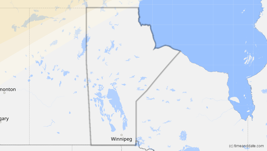 A map of Manitoba, Kanada, showing the path of the 11–12. Jun 2029 Partielle Sonnenfinsternis