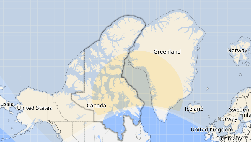 A map of Nunavut, Kanada, showing the path of the 11–12. Jun 2029 Partielle Sonnenfinsternis