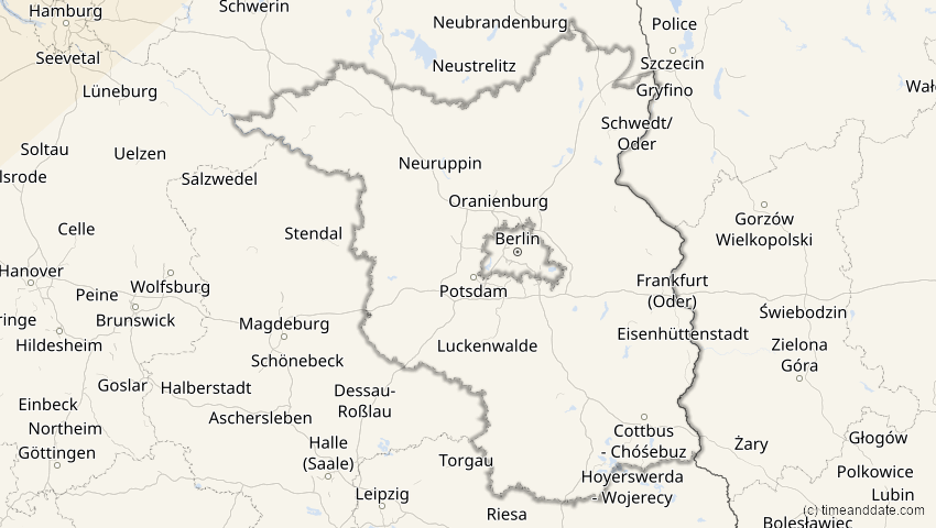 A map of Brandenburg, Deutschland, showing the path of the 12. Jun 2029 Partielle Sonnenfinsternis