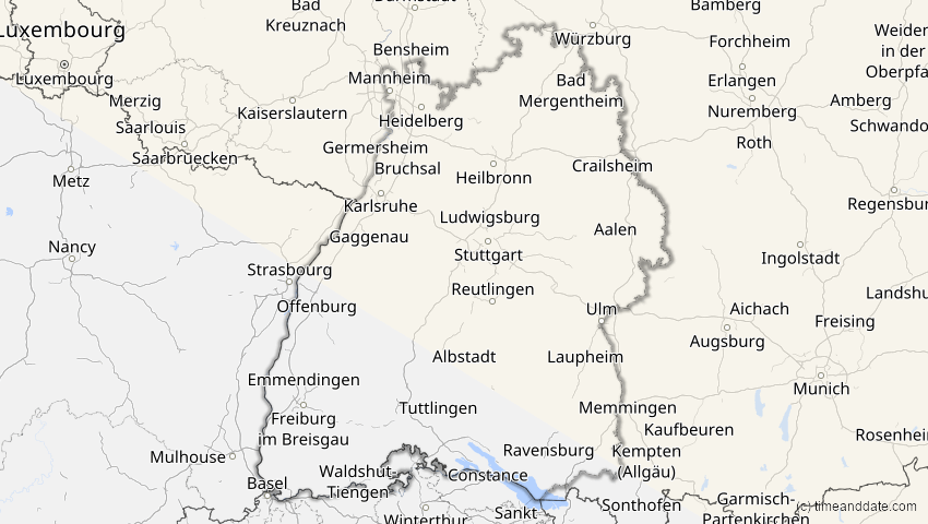 A map of Baden-Württemberg, Deutschland, showing the path of the 12. Jun 2029 Partielle Sonnenfinsternis