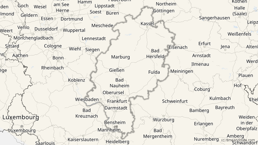 A map of Hessen, Deutschland, showing the path of the 12. Jun 2029 Partielle Sonnenfinsternis