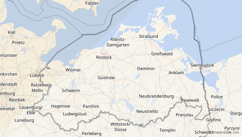 A map of Mecklenburg-Vorpommern, Deutschland, showing the path of the 12. Jun 2029 Partielle Sonnenfinsternis