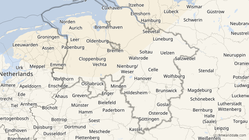 A map of Niedersachsen, Deutschland, showing the path of the 12. Jun 2029 Partielle Sonnenfinsternis
