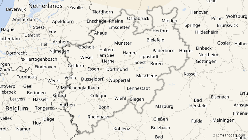 A map of Nordrhein-Westfalen, Deutschland, showing the path of the 12. Jun 2029 Partielle Sonnenfinsternis