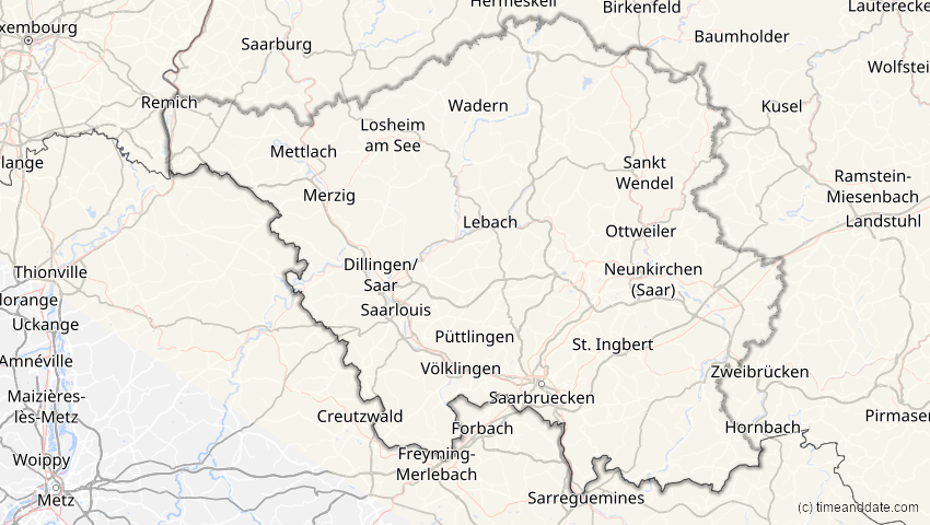 A map of Saarland, Deutschland, showing the path of the 12. Jun 2029 Partielle Sonnenfinsternis