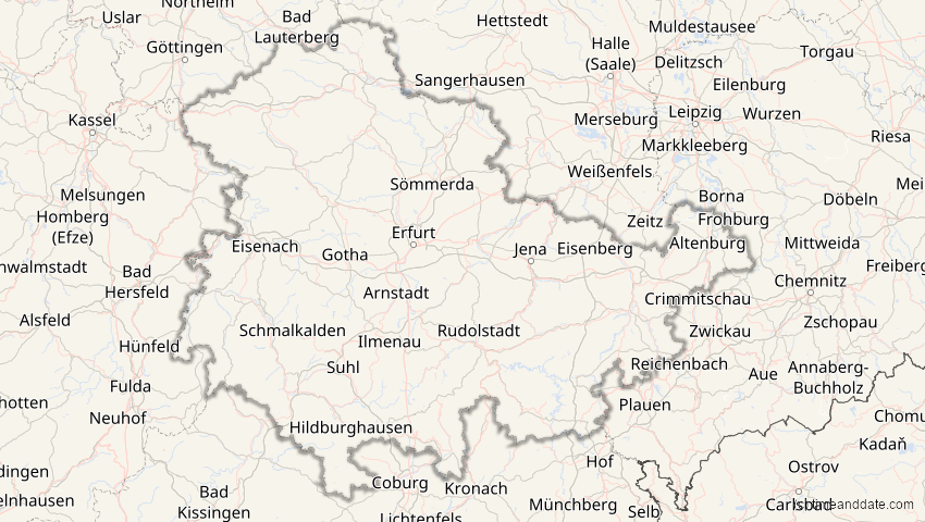 A map of Thüringen, Deutschland, showing the path of the 12. Jun 2029 Partielle Sonnenfinsternis