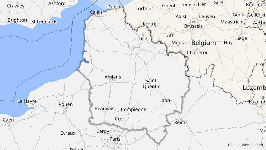 A map of Hauts-de-France, Frankreich, showing the path of the 12. Jun 2029 Partielle Sonnenfinsternis