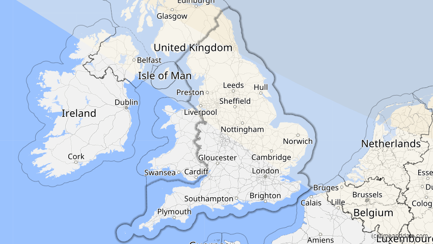 A map of England, United Kingdom, showing the path of the Jun 12, 2029 Partial Solar Eclipse