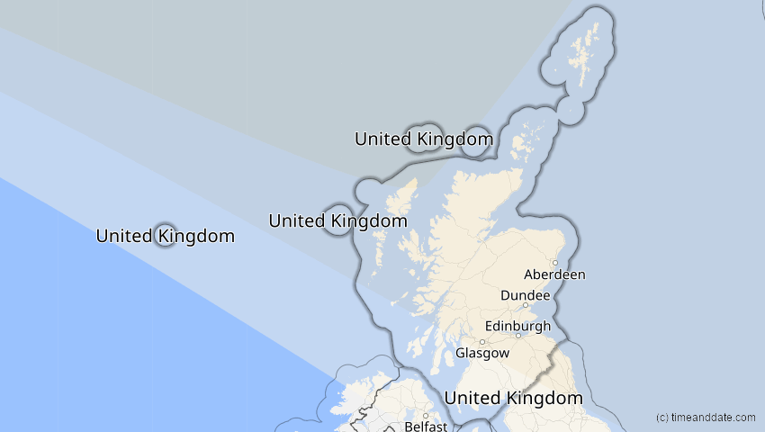 A map of Scotland, United Kingdom, showing the path of the Jun 12, 2029 Partial Solar Eclipse