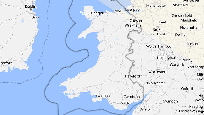 A map of Wales, Großbritannien, showing the path of the 12. Jun 2029 Partielle Sonnenfinsternis