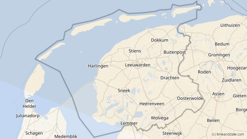 A map of Friesland, Netherlands, showing the path of the Jun 12, 2029 Partial Solar Eclipse