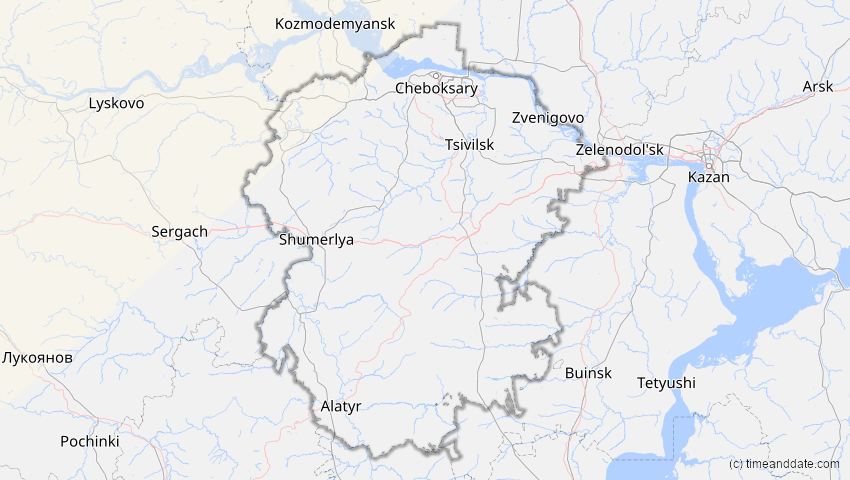 A map of Tschuwaschien, Russland, showing the path of the 12. Jun 2029 Partielle Sonnenfinsternis