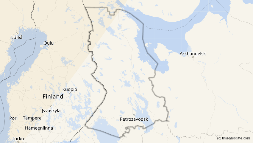 A map of Karelia, Russia, showing the path of the Jun 12, 2029 Partial Solar Eclipse