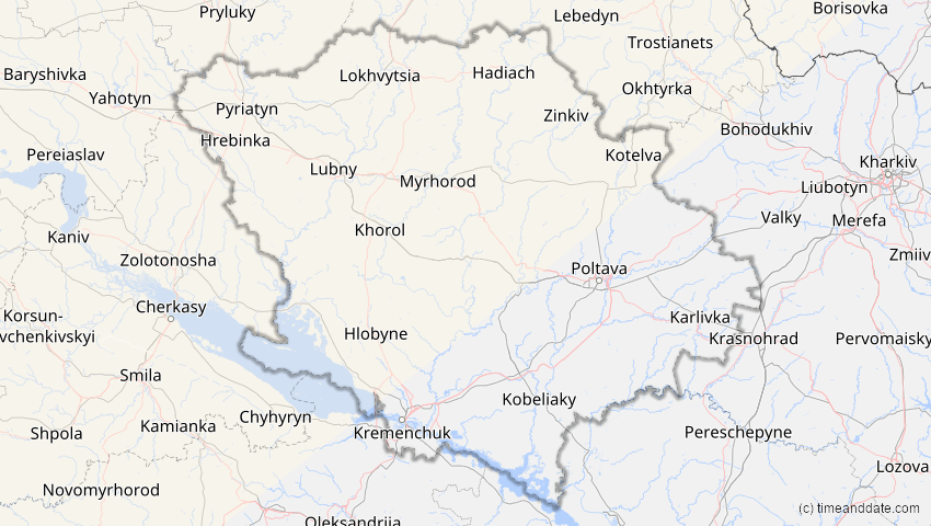 A map of Poltawa, Ukraine, showing the path of the 12. Jun 2029 Partielle Sonnenfinsternis