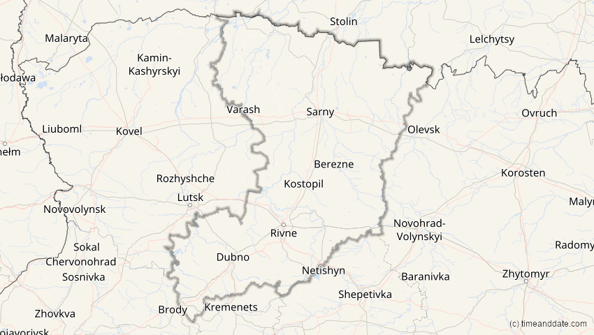 A map of Riwne, Ukraine, showing the path of the 12. Jun 2029 Partielle Sonnenfinsternis