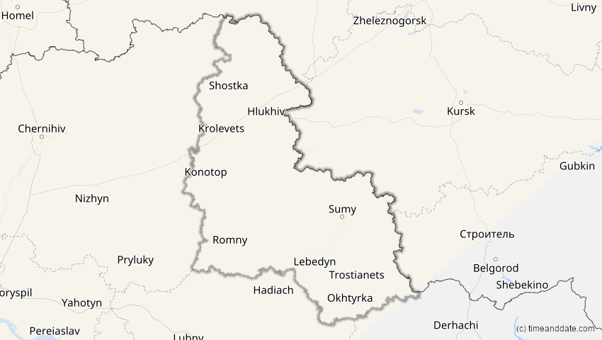 A map of Sumy, Ukraine, showing the path of the 12. Jun 2029 Partielle Sonnenfinsternis