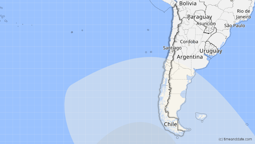 A map of Chile, showing the path of the 11. Jul 2029 Partielle Sonnenfinsternis