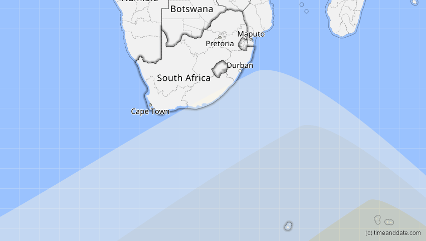 A map of South Africa, showing the path of the Dec 5, 2029 Partial Solar Eclipse