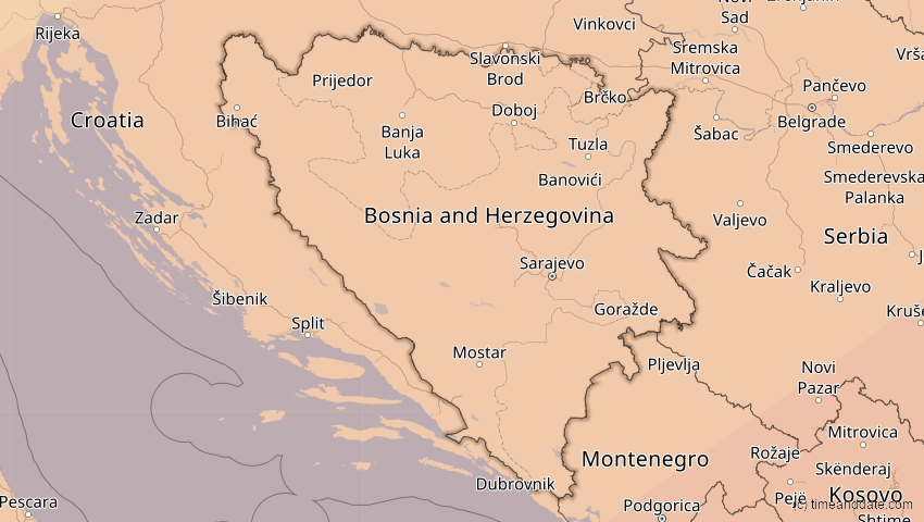 A map of Bosnien und Herzegowina, showing the path of the 1. Jun 2030 Ringförmige Sonnenfinsternis