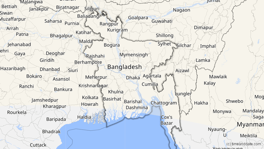 A map of Bangladesch, showing the path of the 1. Jun 2030 Ringförmige Sonnenfinsternis