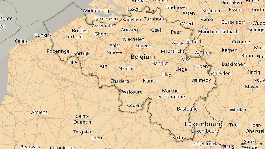 A map of Belgien, showing the path of the 1. Jun 2030 Ringförmige Sonnenfinsternis