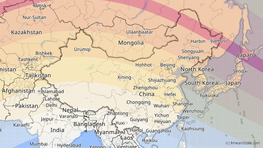 A map of China, showing the path of the 1. Jun 2030 Ringförmige Sonnenfinsternis