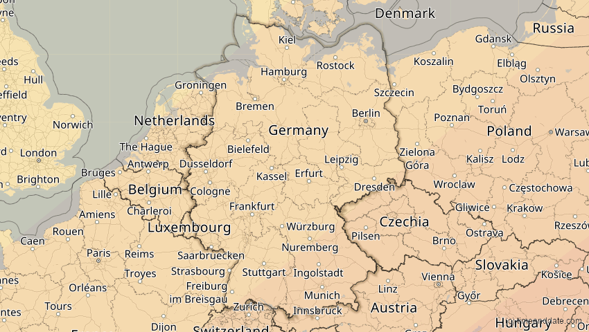 A map of Deutschland, showing the path of the 1. Jun 2030 Ringförmige Sonnenfinsternis