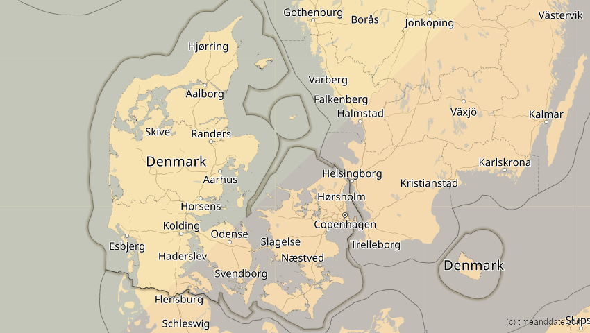 A map of Dänemark, showing the path of the 1. Jun 2030 Ringförmige Sonnenfinsternis