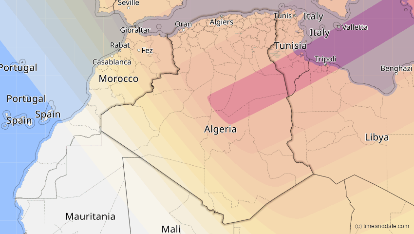 A map of Algerien, showing the path of the 1. Jun 2030 Ringförmige Sonnenfinsternis