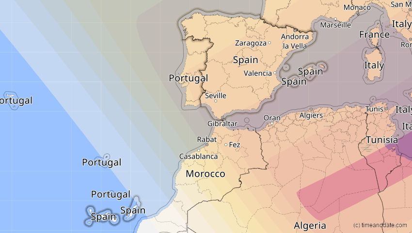 A map of Spanien, showing the path of the 1. Jun 2030 Ringförmige Sonnenfinsternis