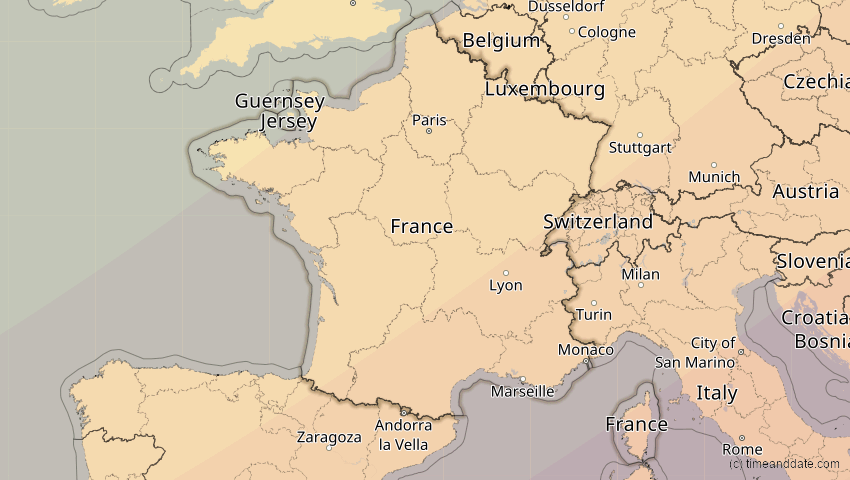 A map of Frankreich, showing the path of the 1. Jun 2030 Ringförmige Sonnenfinsternis