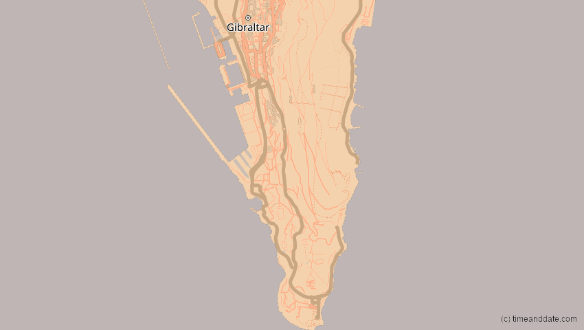 A map of Gibraltar, showing the path of the 1. Jun 2030 Ringförmige Sonnenfinsternis